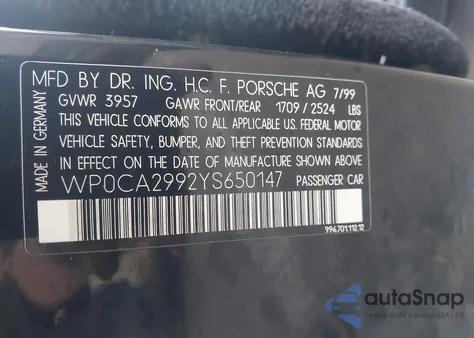 2000 Porsche 911 Carrera/Carrera 4 z USA, uszkodzony, nr VIN WP0CA2992YS650147